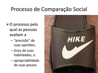 Processo de Comparação Social
O processo pelo
qual as pessoas
avaliam a
– “precisão” de
suas opiniões,
– Grau de suas
habilidades, e
– apropriabilidade
de suas posses
 