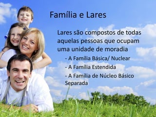 Família e Lares
Lares são compostos de todas
aquelas pessoas que ocupam
uma unidade de moradia
- A Família Básica/ Nuclear
- A Família Estendida
- A Família de Núcleo Básico
Separada
 
