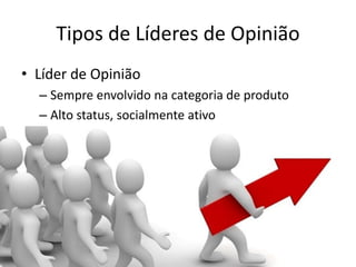 Tipos de Líderes de Opinião
• Líder de Opinião
– Sempre envolvido na categoria de produto
– Alto status, socialmente ativo
 