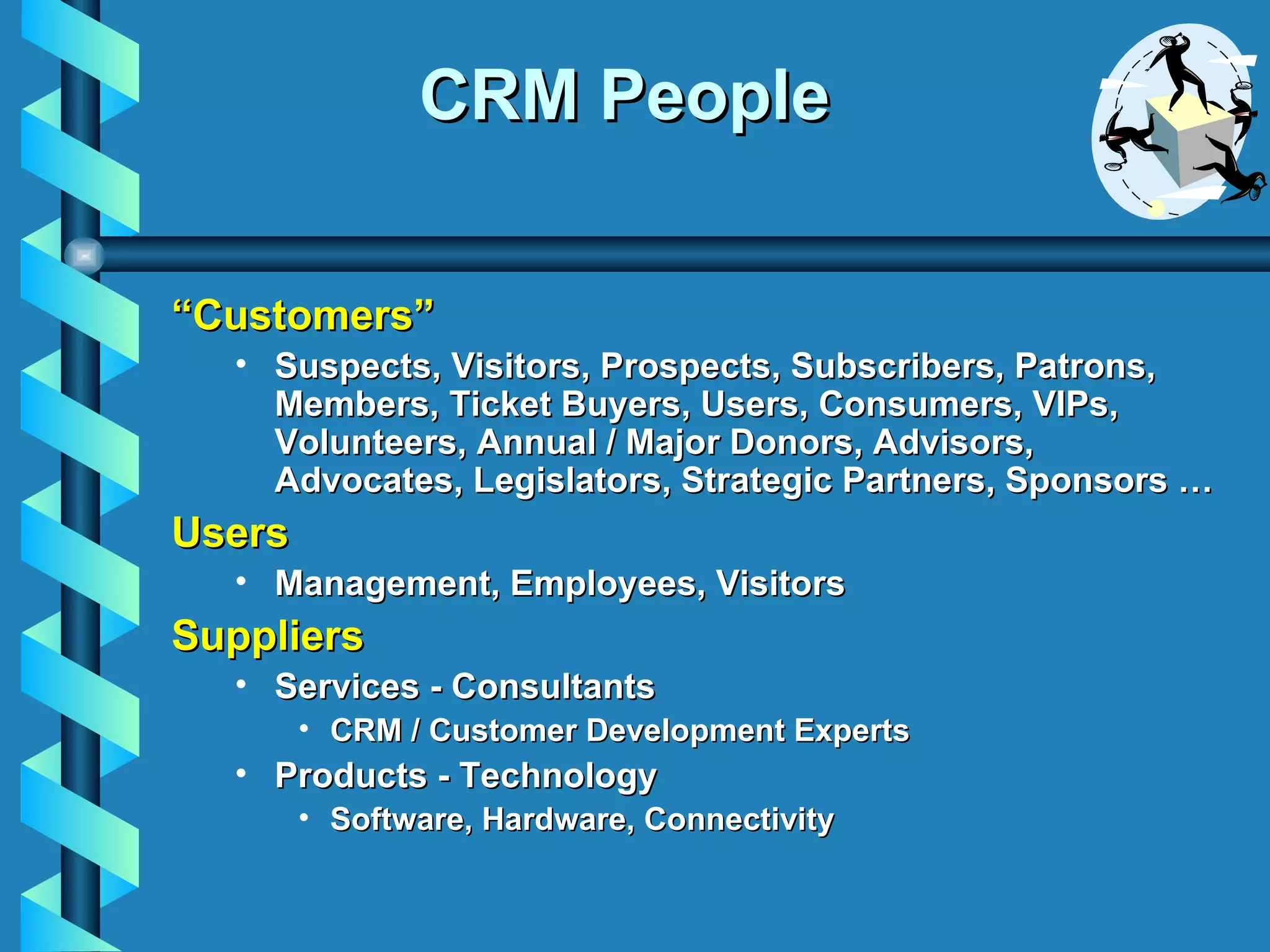 CRM People “ Customers” Suspects, Visitors, Prospects, Subscribers, Patrons, Members, Ticket Buyers, Users, Consumers, VIPs, Volunteers, Annual / Major Donors, Advisors, Advocates, Legislators, Strategic Partners, Sponsors … Users Management, Employees, Visitors Suppliers Services - Consultants CRM / Customer Development Experts Products - Technology Software, Hardware, Connectivity 