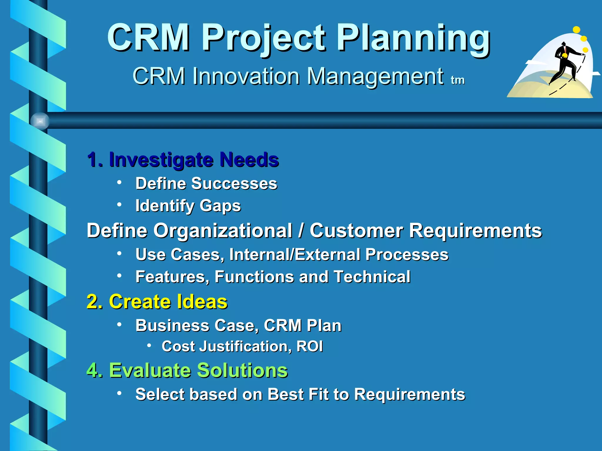 CRM Project Planning CRM Innovation Management   tm 1. Investigate Needs Define Successes Identify Gaps Define Organizational / Customer Requirements Use Cases, Internal/External Processes Features, Functions and Technical 2. Create Ideas Business Case, CRM Plan Cost Justification, ROI 4.  Evaluate Solutions Select based on Best Fit to Requirements 