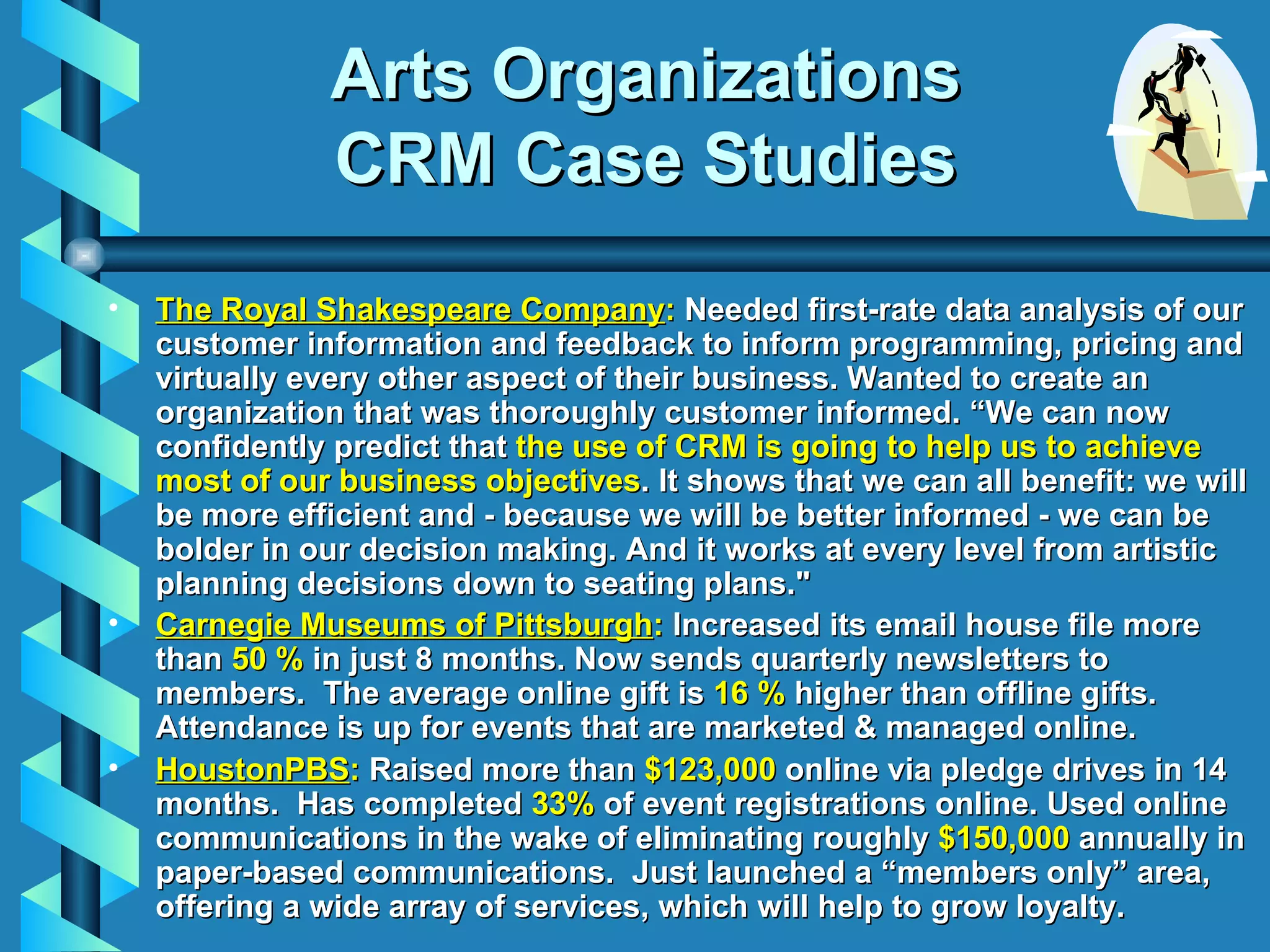 Arts Organizations CRM Case Studies The Royal Shakespeare Company :  Needed first-rate data analysis of our customer information and feedback to inform programming, pricing and virtually every other aspect of their business. Wanted to create an organization that was thoroughly customer informed. “We can now confidently predict that  the use of CRM is going to help us to achieve most of our business objectives . It shows that we can all benefit: we will be more efficient and - because we will be better informed - we can be bolder in our decision making. And it works at every level from artistic planning decisions down to seating plans." Carnegie Museums of Pittsburgh :  Increased its email house file more than  50 %  in just 8 months. Now sends quarterly newsletters to members.  The average online gift is  16 %  higher than offline gifts.  Attendance is up for events that are marketed & managed online.    HoustonPBS :  Raised more than  $123,000  online via pledge drives in 14 months.  Has completed  33%  of event registrations online. Used online communications in the wake of eliminating roughly  $150,000  annually in paper-based communications.  Just launched a “members only” area, offering a wide array of services, which will help to grow loyalty. 