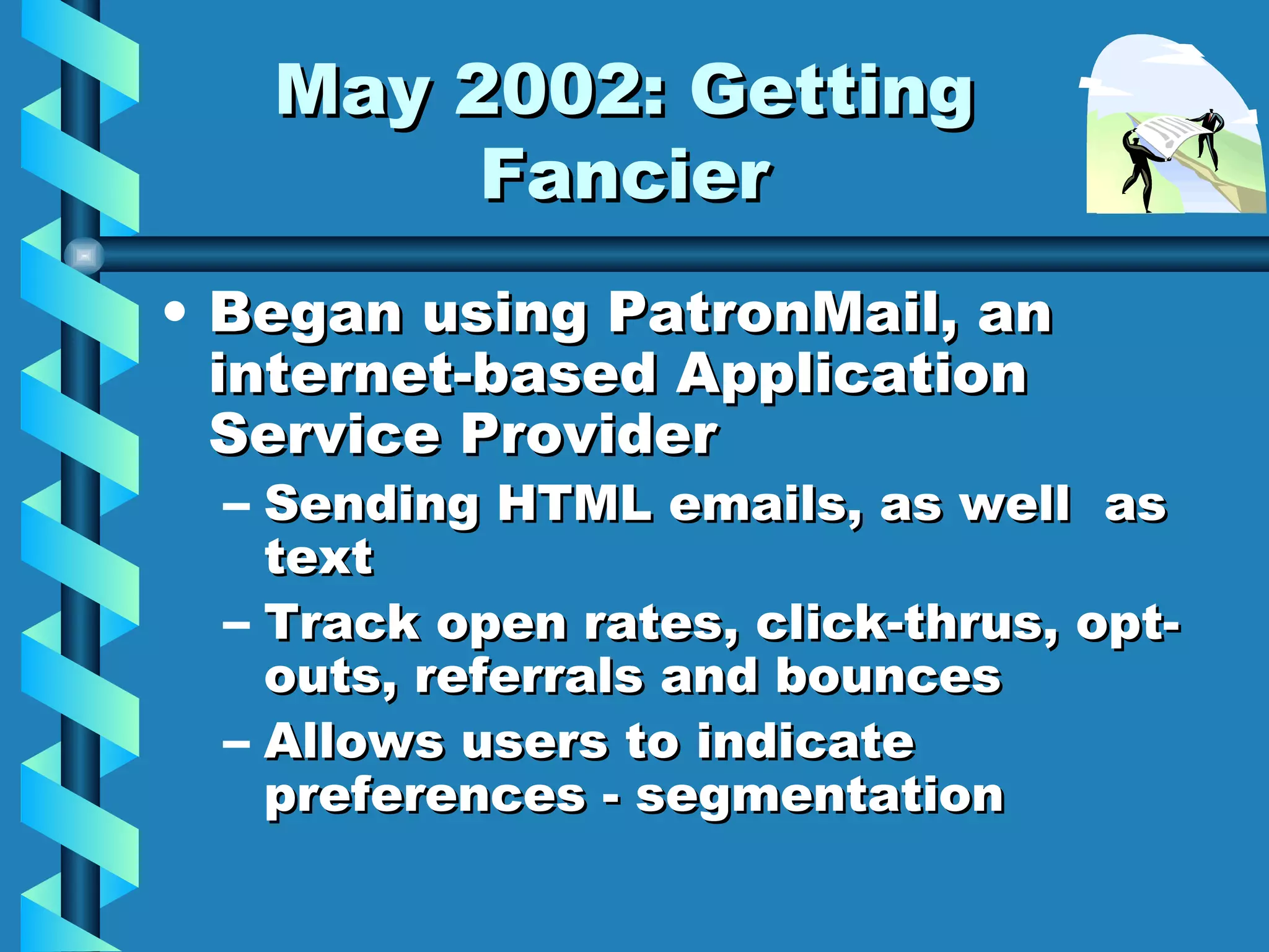 May 2002: Getting Fancier Began using PatronMail, an internet-based Application Service Provider Sending HTML emails, as well  as text Track open rates, click-thrus, opt-outs, referrals and bounces Allows users to indicate preferences - segmentation 