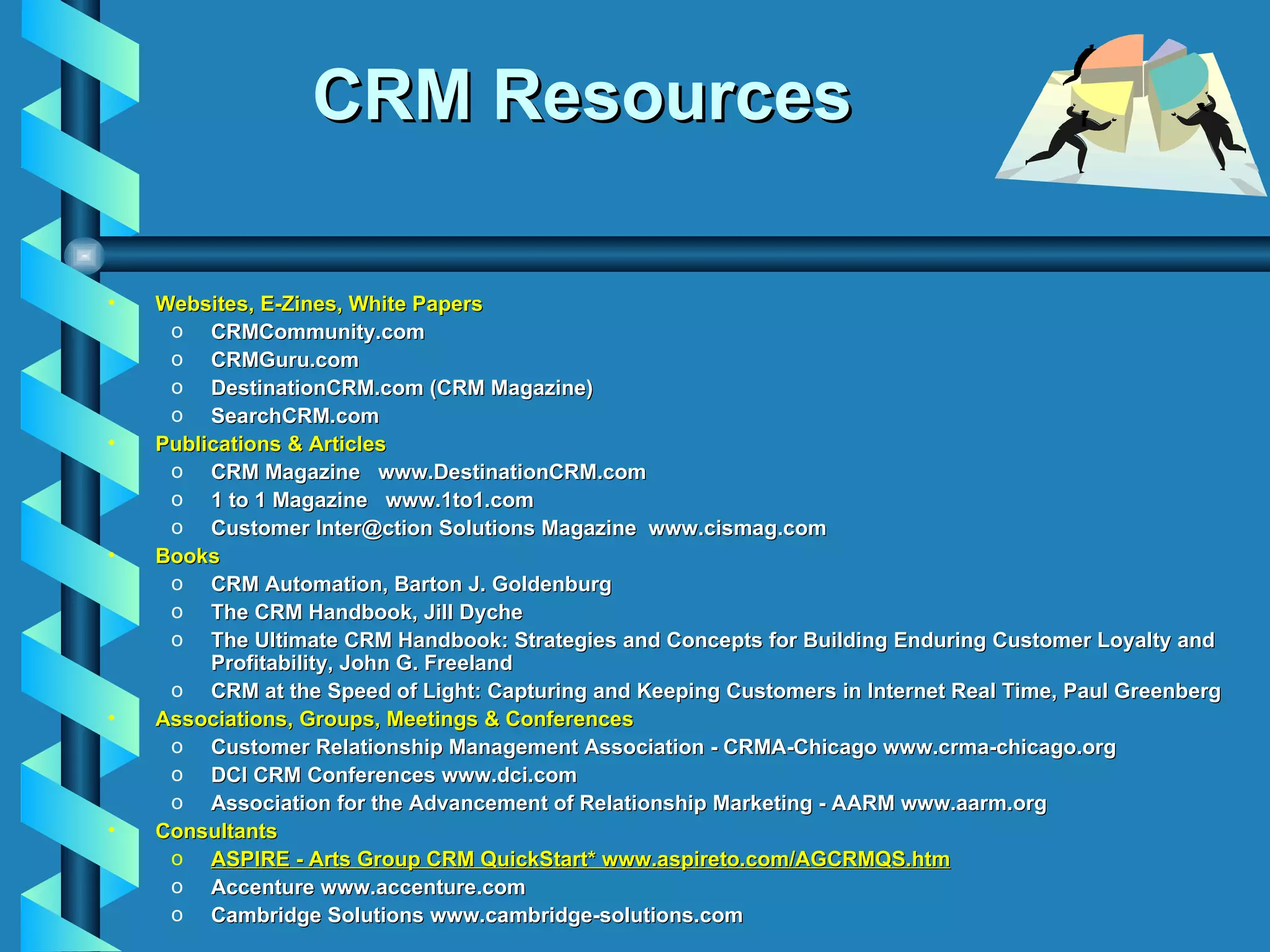 CRM Resources Websites, E-Zines, White Papers CRMCommunity.com CRMGuru.com DestinationCRM.com (CRM Magazine) SearchCRM.com Publications & Articles CRM Magazine  www.DestinationCRM.com  1 to 1 Magazine  www.1to1.com  Customer Inter@ction Solutions Magazine  www.cismag.com  Books CRM Automation, Barton J. Goldenburg The CRM Handbook, Jill Dyche The Ultimate CRM Handbook: Strategies and Concepts for Building Enduring Customer Loyalty and Profitability, John G. Freeland CRM at the Speed of Light: Capturing and Keeping Customers in Internet Real Time, Paul Greenberg Associations, Groups, Meetings & Conferences Customer Relationship Management Association - CRMA-Chicago www.crma-chicago.org  DCI CRM Conferences www.dci.com Association for the Advancement of Relationship Marketing - AARM www.aarm.org  Consultants ASPIRE - Arts Group CRM QuickStart* www.aspireto.com/AGCRMQS.htm Accenture www.accenture.com  Cambridge Solutions www.cambridge-solutions.com   