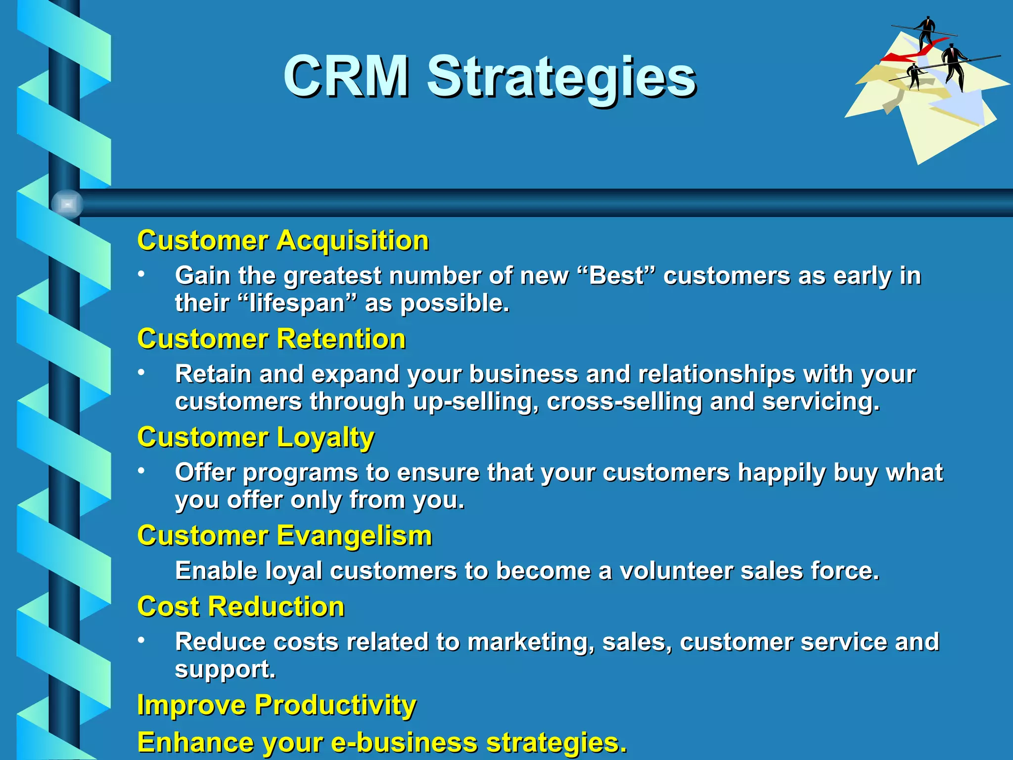 CRM Strategies Customer Acquisition Gain the greatest number of new “Best” customers as early in their “lifespan” as possible. Customer Retention Retain and expand your business and relationships with your customers through up-selling, cross-selling and servicing. Customer Loyalty Offer programs to ensure that your customers happily buy what you offer only from you. Customer Evangelism Enable loyal customers to become a volunteer sales force. Cost Reduction Reduce costs related to marketing, sales, customer service and support. Improve Productivity Enhance your e-business strategies. 