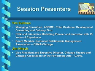 Session Presenters <ul><li>Tim Sullivan </li></ul><ul><li>Managing Consultant, ASPIRE - Total Customer Development Consult...