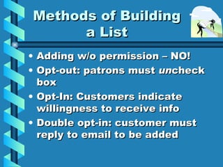 Methods of Building a List <ul><li>Adding w/o permission – NO! </li></ul><ul><li>Opt-out: patrons must  un check box </li>...
