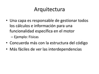 Arquitectura
• Una capa es responsable de gestionar todos
los cálculos e información para una
funcionalidad específica en el motor
– Ejemplo: Físicas
• Concuerda más con la estructura del código
• Más fáciles de ver las interdependencias
 