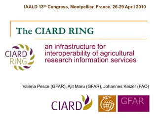 IAALD 13th Congress, Montpellier, France, 26-29 April 2010




The CIARD RING
           an infrastructure for
           interoperability of agricultural
           research information services


 Valeria Pesce (GFAR), Ajit Maru (GFAR), Johannes Keizer (FAO)
 