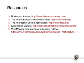Resources <ul><li>Boxes and Arrows,  http://www.boxesandarrows.com/ </li></ul><ul><li>The Information Architecture Institu...