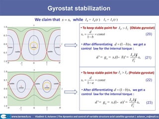 Gyrostat stabilization
We claim that s s* while   I R = I R (t )   I S = I S (t )

                      • To keep stable point for I P         I 2 (Oblate gyrostat)
                             d
                      s*          const                                       (20)
                           1 b

                       • After differentiating d (1 b) s* we get a
                       control law for the internal torque :
                                                                 IP IR ¢
                                     d ' = g a = s* (1- b) ' =           s*   (21)
                                                                  I 32


                       • To keep stable point for I 2        I P (Prolate gyrostat)
                             d
                       s*          const                                      (22)
                            1 a

                       • After differentiating d (1 b) s* we get a
                       control law for the internal torque :
                                                                 IPIR¢
                                    d ' = g a = s* (1- a ) ' =     2
                                                                       s*     (23)
                                                                  I2
 