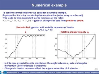 Numerical example
To confirm control efficiency we consider a numeric example.
Suppose that the rotor has deployable construction (solar array or solar sail).
This leads to time-dependent inertia moments of the rotor:
I R (t ) = I R 0 - k2t , I S (t ) = kS I R (t ) - gyrostat changes its type from prolate to oblate.


                Uncontrolled gyrostat with variable moments of inertia
                                           s0=0.5,   s0   = 0.2
                           s                                          Relative angular velocity       s




• In this case gyrostat lose its orientation: the angle between e1 axis and angular
  momentum vector changes sufficiently.
• Changes in inertia moments affect the angular velocities of R about e1 .
                                                                                                          19
 