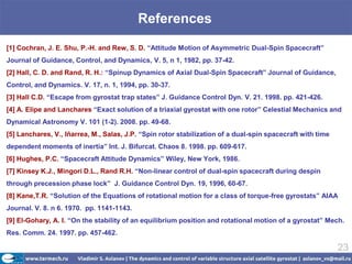 References
[1] Cochran, J. E. Shu, P.-H. and Rew, S. D. “Attitude Motion of Asymmetric Dual-Spin Spacecraft”
Journal of Guidance, Control, and Dynamics, V. 5, n 1, 1982, pp. 37-42.
[2] Hall, C. D. and Rand, R. H.: “Spinup Dynamics of Axial Dual-Spin Spacecraft” Journal of Guidance,
Control, and Dynamics. V. 17, n. 1, 1994, pp. 30-37.
[3] Hall C.D. “Escape from gyrostat trap states” J. Guidance Control Dyn. V. 21. 1998. pp. 421-426.
[4] A. Elipe and Lanchares “Exact solution of a triaxial gyrostat with one rotor” Celestial Mechanics and
Dynamical Astronomy V. 101 (1-2). 2008. pp. 49-68.
[5] Lanchares, V., Iñarrea, M., Salas, J.P. “Spin rotor stabilization of a dual-spin spacecraft with time
dependent moments of inertia” Int. J. Bifurcat. Chaos 8. 1998. pp. 609-617.
[6] Hughes, P.C. “Spacecraft Attitude Dynamics” Wiley, New York, 1986.
[7] Kinsey K.J., Mingori D.L., Rand R.H. “Non-linear control of dual-spin spacecraft during despin
through precession phase lock” J. Guidance Control Dyn. 19, 1996, 60-67.
[8] Kane,T.R. “Solution of the Equations of rotational motion for a class of torque-free gyrostats” AIAA
Journal. V. 8. n 6. 1970. pp. 1141-1143.
[9] El-Gohary, A. I. “On the stability of an equilibrium position and rotational motion of a gyrostat” Mech.
Res. Comm. 24. 1997. pp. 457-462.

                                                                                                            23
 