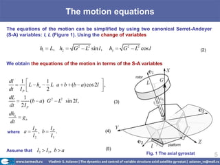The motion equations
The equations of the motion can be simplified by using two canonical Serret-Andoyer
(S-A) variables: l, L (Figure 1). Using the change of variables

                 h1     L, h2          G2    L2 sin l ,     h3         G2   L2 cos l                         (2)


We obtain the equations of the motion in terms of the S-A variables


 dl    1               1
          L ha           L a b (b a ) cos 2l ,
 dt    IP              2
 dL     1
            (b a) G 2          L2 sin 2l ,                       (3)
 dt    2I P
 dha
       ga
  dt
              IP        IP
where a          , b       .                              (4)
              I2        I3

Assume that     I2     I3 , b a                           (5)
                                                                                 Fig. 1 The axial gyrostat         5
 