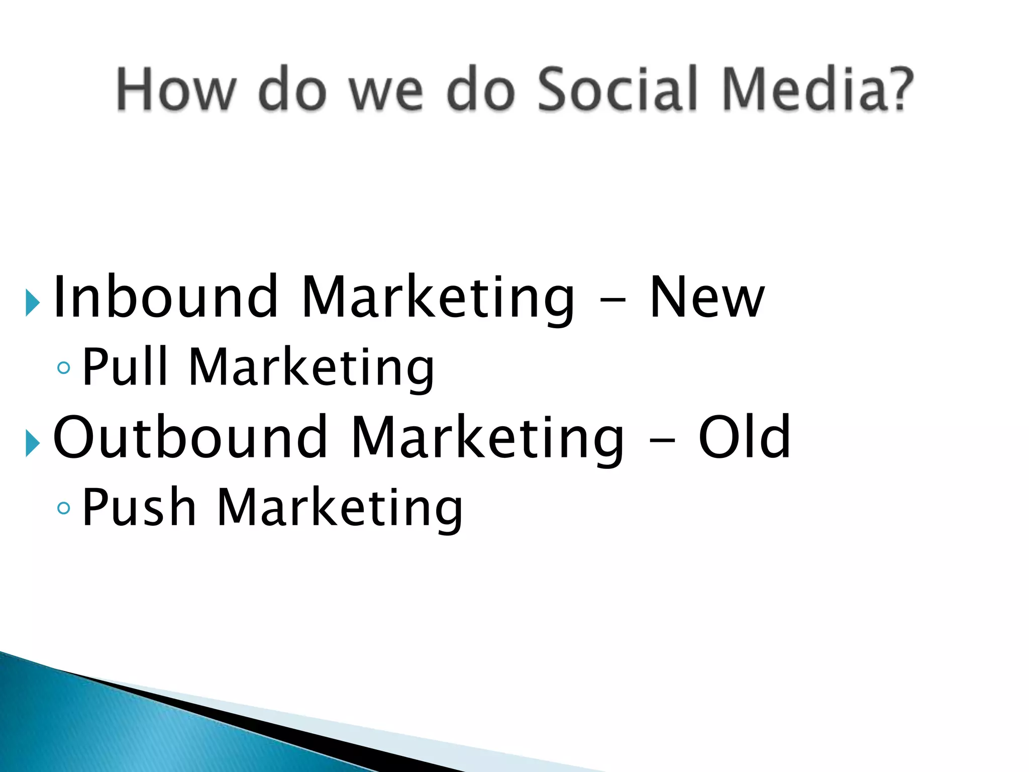  Inbound   Marketing - New
 ◦ Pull Marketing
 Outbound   Marketing - Old
 ◦ Push Marketing
 