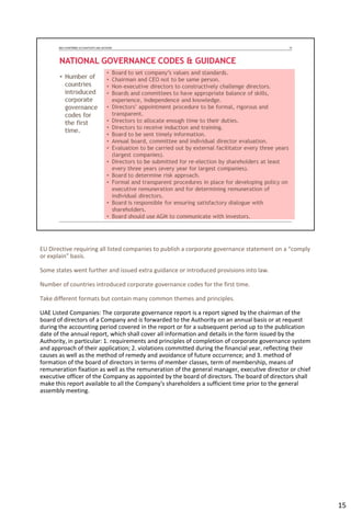 EU Directive requiring all listed companies to publish a corporate governance statement on a “comply
or explain” basis.
Some states went further and issued extra guidance or introduced provisions into law.
Number of countries introduced corporate governance codes for the first time.
Take different formats but contain many common themes and principles.
UAE Listed Companies: The corporate governance report is a report signed by the chairman of the
board of directors of a Company and is forwarded to the Authority on an annual basis or at request
during the accounting period covered in the report or for a subsequent period up to the publication
date of the annual report, which shall cover all information and details in the form issued by the
Authority, in particular: 1. requirements and principles of completion of corporate governance system
and approach of their application; 2. violations committed during the financial year, reflecting their
causes as well as the method of remedy and avoidance of future occurrence; and 3. method of
formation of the board of directors in terms of member classes, term of membership, means of
remuneration fixation as well as the remuneration of the general manager, executive director or chief
executive officer of the Company as appointed by the board of directors. The board of directors shall
make this report available to all the Company's shareholders a sufficient time prior to the general
assembly meeting.
15
 