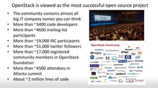 • The community contains almost all
big IT company names you can think
• More than ~3400 code developers
• More than ~4600 mailing-list
participants
• More than ~19,000 IRC participants
• More than ~51,000 twitter followers
• More than ~17,000 registered
community members in OpenStack
foundation
• More than ~4500 attendees in
Atlanta summit
• About ~2 million lines of code
OpenStack is viewed as the most successful open source project
 