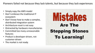 • Simply copy the AWS model
• Don’t embrace the traditional IT
ecosystem
• Don’t know how to make a complex,
distributed integration system
• Architecture reset is not easy
• Distracted by hardware manufactories
• Committed too many unreasonable
features
• Product is developer-driven, not
customer-driven
• The market is not ready
Pioneers failed not because they lack talents, but because they lack experiences
 
