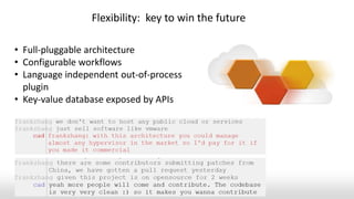• Full-pluggable architecture
• Configurable workflows
• Language independent out-of-process
plugin
• Key-value database exposed by APIs
Flexibility: key to win the future
 