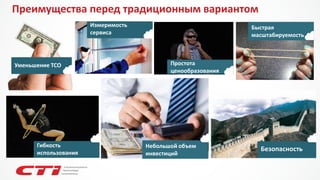 Простота ценообразования 
Быстрая масштабируемость 
Преимущества перед традиционным вариантом 
Измеримость сервиса 
Уменьшение TCO 
Небольшой объем инвестиций 
Гибкость использования 
Безопасность  