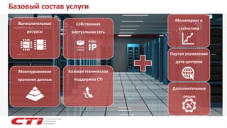 Мониторинг и статистика 
Базовый состав услуги 
Вычислительные ресурсы 
Дополнительные опции 
Собственная виртуальная сеть 
Public 
Многоуровневое хранение данных 
Базовая техническая поддержка CTI 
Портал управления дата-центром  
