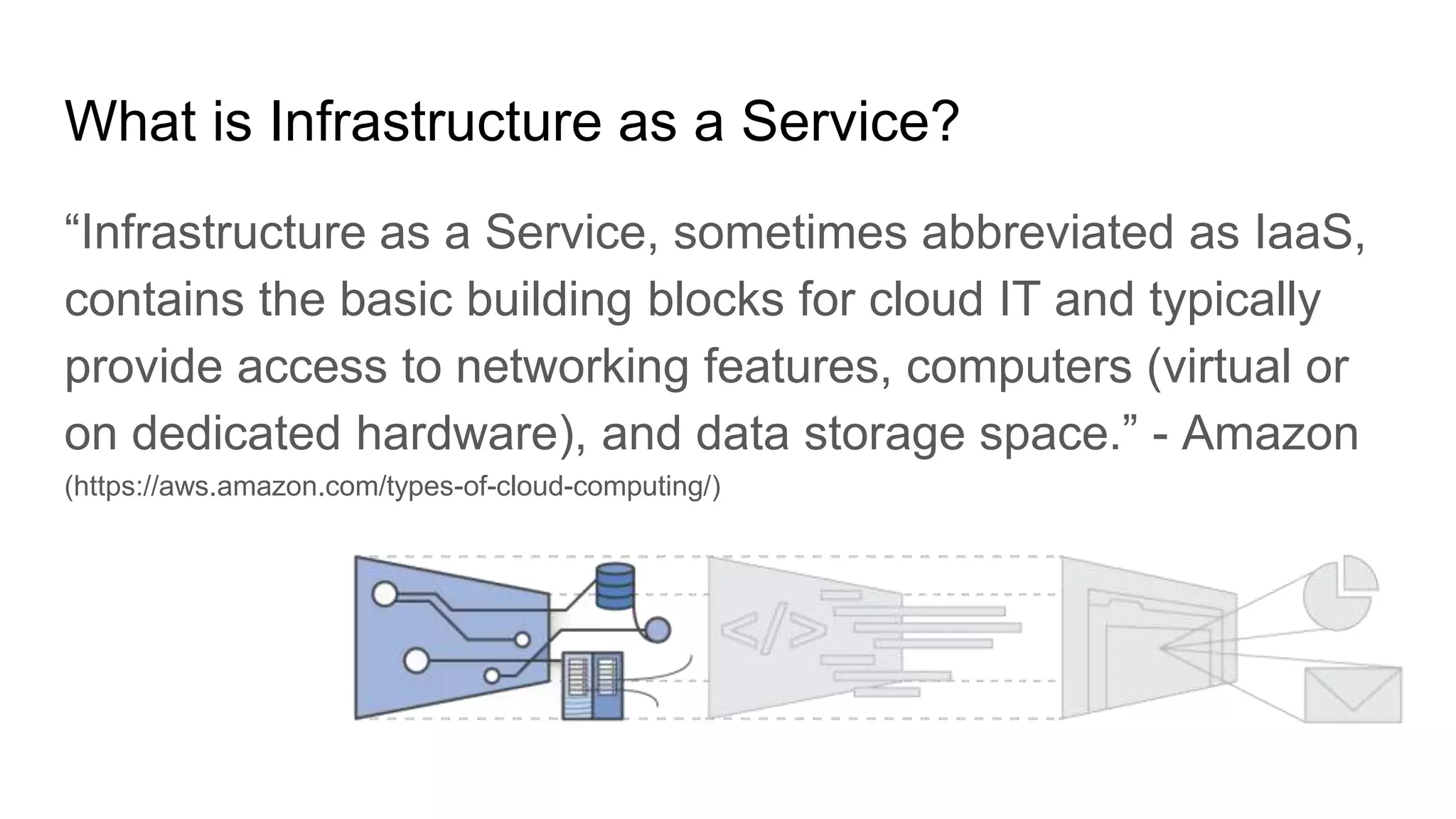 What is Infrastructure as a Service?
“Infrastructure as a Service, sometimes abbreviated as IaaS,
contains the basic building blocks for cloud IT and typically
provide access to networking features, computers (virtual or
on dedicated hardware), and data storage space.” - Amazon
(https://aws.amazon.com/types-of-cloud-computing/)
 