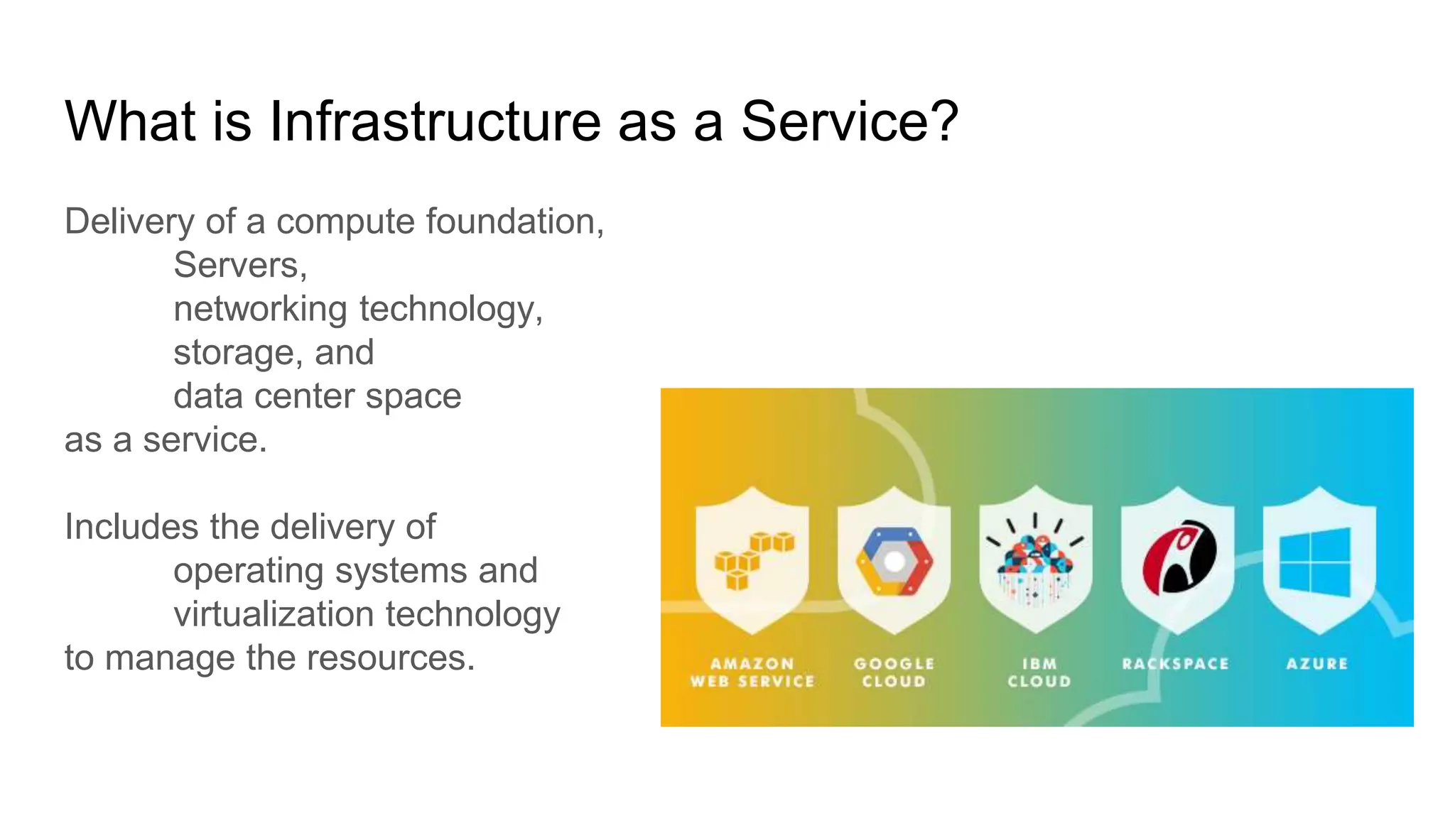 What is Infrastructure as a Service?
Delivery of a compute foundation,
Servers,
networking technology,
storage, and
data center space
as a service.
Includes the delivery of
operating systems and
virtualization technology
to manage the resources.
 