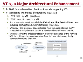 VMX root VMX non-root
VM entry
VM exit
Virtual-machine control structure
(a) (b)
host-state
guest-state
VT-x, a Major Architectural Enhancement
§ In 2005 Intel released two Pentium 4 models supporting VT-x.
§ VT-x supports two modes of operations (Figure (a)):
1. VMX root - for VMM operations.
2. VMX non-root - support a VM.
§ And a new data structure called the Virtual Machine Control Structure
including host-state and guest-state areas (Figure (b)).
§ VM entry - the processor state is loaded from the guest-state of the VM
scheduled to run; then the control is transferred from VMM to the VM.
§ VM exit - saves the processor state in the guest-state area of the running
VM; then it loads the processor state from the host-state area, finally
transfers control to the VMM.
27
 