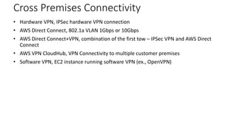 AWS Cross Premises Connectivity 
• Hardware VPN, IPSec hardware VPN connection 
• AWS Direct Connect, 802.1a VLAN 1Gbps or...