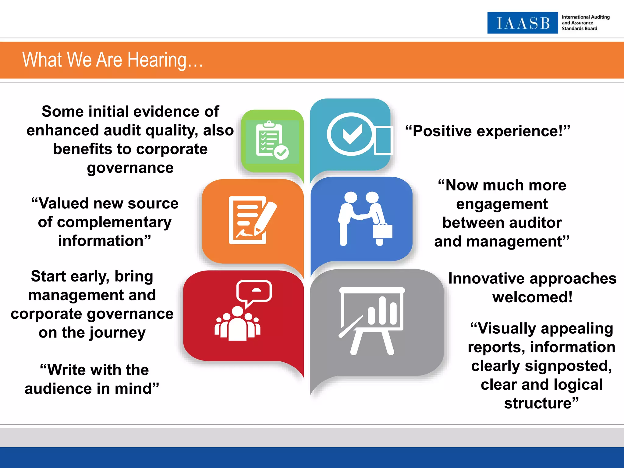 What We Are Hearing…
“Now much more
engagement
between auditor
and management”
Some initial evidence of
enhanced audit quality, also
benefits to corporate
governance
“Valued new source
of complementary
information”
“Positive experience!”
“Visually appealing
reports, information
clearly signposted,
clear and logical
structure”
Start early, bring
management and
corporate governance
on the journey
“Write with the
audience in mind”
a
Innovative approaches
welcomed!
 