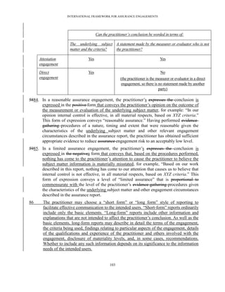 INTERNATIONAL FRAMEWORK FOR ASSURANCE ENGAGEMENTS




                                       Can the practitioner’s conclusion be worded in terms of:

                       The underlying subject A statement made by the measurer or evaluator who is not
                       matter and the criteria? the practitioner?

     Attestation                 Yes                                             Yes
     engagement

     Direct                      Yes                                             No
     engagement                                       (the practitioner is the measurer or evaluator in a direct
                                                      engagement, so there is no statement made by another
                                                                                party)

5884. In a reasonable assurance engagement, the practitioner’s expresses the conclusion is
      expressed in the positive form that conveys the practitioner’s opinion on the outcome of
      the measurement or evaluation of the underlying subject matter, for example: ―In our
      opinion internal control is effective, in all material respects, based on XYZ criteria.‖
      This form of expression conveys ―reasonable assurance.‖ Having performed evidence-
      gathering procedures of a nature, timing and extent that were reasonable given the
      characteristics of the underlying subject matter and other relevant engagement
      circumstances described in the assurance report, the practitioner has obtained sufficient
      appropriate evidence to reduce assurance engagement risk to an acceptably low level.
5985. In a limited assurance engagement, the practitioner’s expresses the conclusion is
      expressed in the negativea form that conveys that, based on the procedures performed,
      nothing has come to the practitioner’s attention to cause the practitioner to believe the
      subject matter information is materially misstated, for example, ―Based on our work
      described in this report, nothing has come to our attention that causes us to believe that
      internal control is not effective, in all material respects, based on XYZ criteria.‖ This
      form of expression conveys a level of ―limited assurance‖ that is proportional to
      commensurate with the level of the practitioner’s evidence-gathering procedures given
      the characteristics of the underlying subject matter and other engagement circumstances
      described in the assurance report.
86     The practitioner may choose a ―short form‖ or ―long form‖ style of reporting to
       facilitate effective communication to the intended users. ―Short-form‖ reports ordinarily
       include only the basic elements. ―Long-form‖ reports include other information and
       explanations that are not intended to affect the practitioner’s conclusion. As well as the
       basic elements, long-form reports may describe in detail the terms of the engagement,
       the criteria being used, findings relating to particular aspects of the engagement, details
       of the qualifications and experience of the practitioner and others involved with the
       engagement, disclosure of materiality levels, and, in some cases, recommendations.
       Whether to include any such information depends on its significance to the information
       needs of the intended users.


                                                103
 