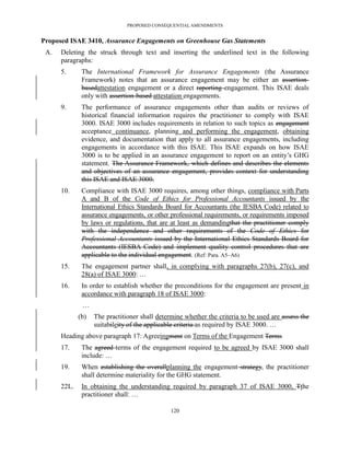 PROPOSED CONSEQUENTIAL AMENDMENTS


Proposed ISAE 3410, Assurance Engagements on Greenhouse Gas Statements
 A.   Deleting the struck through text and inserting the underlined text in the following
      paragraphs:
      5.      The International Framework for Assurance Engagements (the Assurance
              Framework) notes that an assurance engagement may be either an assertion-
              basedattestation engagement or a direct reporting engagement. This ISAE deals
              only with assertion-based attestation engagements.
      9.      The performance of assurance engagements other than audits or reviews of
              historical financial information requires the practitioner to comply with ISAE
              3000. ISAE 3000 includes requirements in relation to such topics as engagement
              acceptance continuance, planning and performing the engagement, obtaining
              evidence, and documentation that apply to all assurance engagements, including
              engagements in accordance with this ISAE. This ISAE expands on how ISAE
              3000 is to be applied in an assurance engagement to report on an entity’s GHG
              statement. The Assurance Framework, which defines and describes the elements
              and objectives of an assurance engagement, provides context for understanding
              this ISAE and ISAE 3000.
      10.     Compliance with ISAE 3000 requires, among other things, compliance with Parts
              A and B of the Code of Ethics for Professional Accountants issued by the
              International Ethics Standards Board for Accountants (the IESBA Code) related to
              assurance engagements, or other professional requirements, or requirements imposed
              by laws or regulations, that are at least as demandingthat the practitioner comply
              with the independence and other requirements of the Code of Ethics for
              Professional Accountants issued by the International Ethics Standards Board for
              Accountants (IESBA Code) and implement quality control procedures that are
              applicable to the individual engagement. (Ref: Para. A5–A6)
      15.     The engagement partner shall, in complying with paragraphs 27(b), 27(c), and
              28(a) of ISAE 3000: …
      16.     In order to establish whether the preconditions for the engagement are present in
              accordance with paragraph 18 of ISAE 3000:
              …
             (b)   The practitioner shall determine whether the criteria to be used are assess the
                   suitabileity of the applicable criteria as required by ISAE 3000. …
      Heading above paragraph 17: Agreeingment on Terms of the Engagement Terms
      17.     The agreed terms of the engagement required to be agreed by ISAE 3000 shall
              include: …
      19.     When establishing the overallplanning the engagement strategy, the practitioner
              shall determine materiality for the GHG statement.
      22L.    In obtaining the understanding required by paragraph 37 of ISAE 3000, Tthe
              practitioner shall: …

                                               120
 