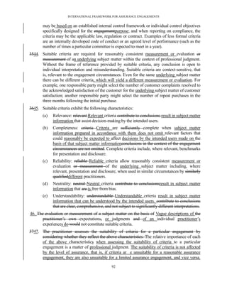 INTERNATIONAL FRAMEWORK FOR ASSURANCE ENGAGEMENTS


       may be based on an established internal control framework or individual control objectives
       specifically designed for the engagementpurpose; and when reporting on compliance, the
       criteria may be the applicable law, regulation or contract. Examples of less formal criteria
       are an internally developed code of conduct or an agreed level of performance (such as the
       number of times a particular committee is expected to meet in a year).
3544. Suitable criteria are required for reasonably consistent measurement or evaluation or
      measurement of an underlying subject matter within the context of professional judgment.
      Without the frame of reference provided by suitable criteria, any conclusion is open to
      individual interpretation and misunderstanding. Suitable criteria are context-sensitive, that
      is, relevant to the engagement circumstances. Even for the same underlying subject matter
      there can be different criteria, which will yield a different measurement or evaluation. For
      example, one responsible party might select the number of customer complaints resolved to
      the acknowledged satisfaction of the customer for the underlying subject matter of customer
      satisfaction; another responsible party might select the number of repeat purchases in the
      three months following the initial purchase.
3645. Suitable criteria exhibit the following characteristics:
       (a)    Relevance: relevant Relevant criteria contribute to conclusions result in subject matter
              information that assist decision-making by the intended users.
       (b)    Completeness: criteria Criteria are sufficiently complete when subject matter
              information prepared in accordance with them does not omit relevant factors that
              could reasonably be expected to affect decisions by the intended users made on the
              basis of that subject matter informationconclusions in the context of the engagement
              circumstances are not omitted. Complete criteria include, where relevant, benchmarks
              for presentation and disclosure.
       (c)    Reliability: reliable Reliable criteria allow reasonably consistent measurement or
              evaluation or measurement of the underlying subject matter including, where
              relevant, presentation and disclosure, when used in similar circumstances by similarly
              qualifieddifferent practitioners.
       (d)    Neutrality: neutral Neutral criteria contribute to conclusionsresult in subject matter
              information that are is free from bias.
       (e)    Understandability: understandable Understandable criteria result in subject matter
              information that can be understood by the intended users. contribute to conclusions
              that are clear, comprehensive, and not subject to significantly different interpretations.
46. The evaluation or measurement of a subject matter on the basis of Vague descriptions of the
       practitioner’s own expectations, or judgments and of an individual practitioner’s
       experiences do would not constitute suitable criteria.
3747. The practitioner assesses the suitability of criteria for a particular engagement by
      considering whether they reflect the above characteristics. The relative importance of each
      of the above characteristics when assessing the suitability of criteria to a particular
      engagement is a matter of professional judgment. The suitability of criteria is not affected
      by the level of assurance, that is, if criteria ar e unsuitable for a reasonable assurance
      engagement, they are also unsuitable for a limited assurance engagement, and vice versa.

                                                 92
 