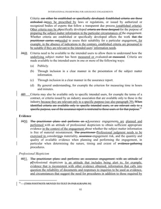 INTERNATIONAL FRAMEWORK FOR ASSURANCE ENGAGEMENTS


            Criteria can either be established or specifically developed. Established criteria are those
            embodied inmay be prescribed by laws or regulations, or issued by authorized or
            recognized bodies of experts that follow a transparent due process (established criteria).
            Other criteria may be sSpecifically developed criteria are those designed for the purpose of
            preparing the subject matter information in the particular circumstances of the engagement.
            Whether criteria are established or specifically developed affects the work that the
            practitioner carries outneeded to assess their suitability for a particular engagement, for
            example, in the absence of indications to the contrary, established criteria are presumed to
            be suitable if they are relevant to the intended users’ information needs.
     3848. Criteria need to be available to the intended users to allow them to understand how the
           underlying subject matter has been measured or evaluated or measured. Criteria are
           made available to the intended users in one or more of the following ways:
            (a)   Publicly.
            (b)   Through inclusion in a clear manner in the presentation of the subject matter
                  information.
            (c)   Through inclusion in a clear manner in the assurance report.
            (d)   By general understanding, for example the criterion for measuring time in hours
                  and minutes.
     409    Criteria may also be available only to specific intended users, for example the terms of a
            contract, or criteria issued by an industry association that are available only to those in the
            industry because they are relevant only to a specific purpose (see also paragraph 39). When
            identified criteria are available only to specific intended users, or are relevant only to a
            specific purpose, use of the assurance report is restricted to those users or for that purpose.11

Evidence
     3950. The practitioner plans and performs an aAssurance engagements are planned and
           performed with an attitude of professional skepticism to obtain sufficient appropriate
           evidence in the context of the engagement about whether the subject matter information
           is free of material misstatement. The practitioner Professional judgment needs to be
           exercised in considerings materiality, assurance engagement risk, and the quantity and
           quality of available evidence when planning and performing the engagement, in
           particular when determining the nature, timing and extent of evidence-gathering
           procedures.

Professional Skepticism
     4051. The practitioner plans and performs an assurance engagement with an attitude of
           pProfessional skepticism is an attitude that includes being alert to, for example,
           evidence that is inconsistent with other evidence obtained, information that calls into
           question the reliability of documents and responses to inquiries to be used as evidence,
           and circumstances that suggest the need for procedures in addition to those required by

11
       [THIS FOOTNOTE MOVED TO TEXT IN PARAGRAPH 30]

                                                      93
 