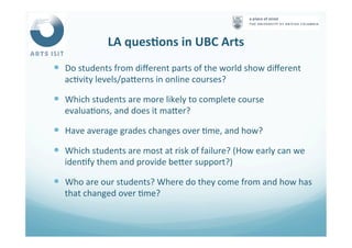 LA	
  quesFons	
  in	
  UBC	
  Arts	
  
—  Do	
  students	
  from	
  diﬀerent	
  parts	
  of	
  the	
  world	
  show	
  diﬀerent	
  
ac<vity	
  levels/paNerns	
  in	
  online	
  courses?	
  
—  Which	
  students	
  are	
  more	
  likely	
  to	
  complete	
  course	
  
evalua<ons,	
  and	
  does	
  it	
  maNer?	
  
—  Have	
  average	
  grades	
  changes	
  over	
  <me,	
  and	
  how?	
  
—  Which	
  students	
  are	
  most	
  at	
  risk	
  of	
  failure?	
  (How	
  early	
  can	
  we	
  
iden<fy	
  them	
  and	
  provide	
  beNer	
  support?)	
  
—  Who	
  are	
  our	
  students?	
  Where	
  do	
  they	
  come	
  from	
  and	
  how	
  has	
  
that	
  changed	
  over	
  <me?	
  
 