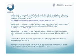 Macfadyen,	
  L.	
  P.,	
  Dawson,	
  S.	
  Pardo,	
  A.,	
  &	
  Gašević,	
  D.	
  (2014).	
  Embracing	
  Big	
  Data	
  in	
  Complex	
  
Educa<onal	
  Systems:	
  The	
  Learning	
  Analy<cs	
  Impera<ve	
  and	
  the	
  Policy	
  Challenge.	
  Research	
  &	
  
Prac<ce	
  in	
  Assessment,	
  9,	
  17-­‐28.	
  
hNp://www.rpajournal.com/dev/wp-­‐content/uploads/2014/10/A2.pdf	
  
Macfadyen,	
  L.	
  P.,	
  &	
  Dawson,	
  S.	
  (2010).	
  Mining	
  LMS	
  data	
  to	
  develop	
  an	
  ‘‘early	
  warning	
  system”	
  
for	
  educators:	
  A	
  proof	
  of	
  concept.	
  Computers	
  &	
  Educa4on,	
  54,588-­‐599.	
  doi:
10.1016/j.compedu.2009.09.008	
  
Macfadyen,	
  L.	
  P.,	
  &	
  Dawson,	
  S.	
  (2012).	
  Numbers	
  Are	
  Not	
  Enough.	
  Why	
  e-­‐Learning	
  Analy<cs	
  
Failed	
  to	
  Inform	
  an	
  Ins<tu<onal	
  Strategic	
  Plan.	
  Educa4onal	
  Technology	
  &	
  Society,	
  15	
  (3),	
  149–
163.	
  
McIntosh,	
  N.	
  E.,.	
  (1979).	
  Barriers	
  to	
  implemen<ng	
  research	
  in	
  Higher	
  Educa<on.	
  Studies	
  in	
  
Higher	
  Educa4on,	
  4(1),	
  77-­‐	
  86.	
  
Méndez,	
  G.,	
  Ochoa,	
  X.,	
  Chiluiza,	
  K.	
  &	
  de	
  Wever,	
  B.	
  (2014)	
  Curricular	
  Design	
  Analysis:	
  A	
  Data-­‐
Driven	
  Perspec<ve.	
  Journal	
  of	
  Learning	
  Analy4cs,	
  1(3),	
  84–119.	
  
	
  	
  
 