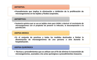•Procedimiento que implica la eliminación o inhibición de la proliferación de
microorganismos en los tejidos y fluidos corporales.
ANTISEPSIA:
•Sustancia química que se usa en tejidos vivos para inhibir o destruir el crecimiento de
microorganismos con el propósito de prevenir la infección, la descomposición o la
putrefacción.
ANTISÉPTICO:
•Es el conjunto de practicas y todas las medidas destinadas a limitar la
diseminación de microorganismos de una persona a otra durante la
hospitalización.
ASEPSIA MEDICA
• Técnicas y procedimientos que se utilizan con el fin de eliminar la transmisión de
microorganismos, asociados a los actos quirúrgicos o procedimientos invasores.
ASEPSIA QUIRÚRGICA
 