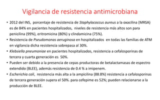 Vigilancia de resistencia antimicrobiana
• 2012 del INS, porcentaje de resistencia de Staphylococcus aureus a la oxacilina (MRSA)
es de 84% en pacientes hospitalizados, niveles de resistencia más altos son para
penicilina (99%), eritromicina (80%) y clindamicina (75%).
• Resistencia de Pseudomonas aeruginosa en hospitalizados en todas las familias de ATM
en vigilancia dicha resistencia sobrepasa al 30%.
• Klebsiella pneumoniae en pacientes hospitalizados, resistencia a cefalosporinas de
tercera y cuarta generación es 50%.
• Pueden ser debido a la presencia de cepas productoras de betalactamasas de espectro
extendido (BLEE), además resistencia de 0.4 % a imipenem.
• Escherichia coli, resistencia más alta a la ampicilina (88.8%) resistencia a cefalosporinas
de tercera generación supera el 50%. para cefepime es 52%; pueden relacionarse a la
producción de BLEE.
 