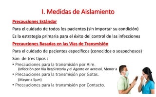 Precauciones Estándar
Para el cuidado de todos los pacientes (sin importar su condición)
Es la estrategia primaria para el éxito del control de las infecciones
Precauciones Basadas en las Vías de Transmisión
Para el cuidado de pacientes específicos (conocidos o sospechosos)
Son de tres tipos :
• Precauciones para la transmisión por Aire.
(Infección por Vía Respiratoria y el Agente en aerosol, Menor a 5 µm)
• Precauciones para la transmisión por Gotas.
(Mayor a 5µm)
• Precauciones para la transmisión por Contacto.
I. Medidas de Aislamiento
 