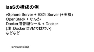 IaaSの構成の例
vSphere Server + ESXi Server (+実機)
OpenStack + なんか
Docker用管理ツール + Docker
(注：DockerはVMではない)
などなど
※Amazonは後述
 