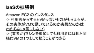 IaaSの拡張例
Amazon EC2 のインスタンス
-> 利用者からするとVMっぽいものがもらえるが、
その実体がVMで動いているのか実機なのかは
わからない(気にしない)
-> (業者が)マシンを追加しても利用者には他と同
様にVMの1つとして扱うことができる
 