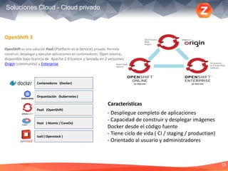 15
Soluciones Cloud - Cloud privado
OpenShift 3
OpenShift es una solución PaaS (Platform-as-a-Service) privada. Permite
construir, desplegar y ejecutar aplicaciones en contenedores. Open source,
disponible bajo licencia de Apache 2.0 licence y lanzada en 2 versiones:
Origin (community) y Enterprise
IaaS ( Openstack )
Host ( Atomic / CoreOs)
Orquestación (kubernetes )
Contenedores (Docker)
PaaS (OpenShift)
- Despliegue completo de aplicaciones
- Capacidad de construir y desplegar imágenes
Docker desde el código fuente
- Tiene ciclo de vida ( CI / staging / production)
- Orientado al usuario y administradores
Características
 