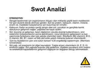 Swot Analizi STRENGTHS Dengeli beslenmek için organizmanın ihtiyacı olan miktarda çeşitli besin maddesinin her gün düzenli olarak alınması gerekir. Süt ise protein, kalsiyum, vitamin, mineral, enzim vb. maddeleri karşılamamız için bulunmaz bir nimettir. Kalsiyum, fosfor ve protein içeriği zengin olan süt, çocukluk ve gençlikte kemik dokusunun gelişimini sağlar, yaşlılıkta ise kaybı azaltır. Süt, büyüme ve gelişmeyi, besin öğelerinin vücutta elverişli kullanılmasını, sinir sisteminin fonksiyonlarının yerine getirilmesini, vücut direncinin gelişmesini ve kan yapımında fonksiyonu olan çok sayıda vitaminleri içerir. Riboflavin (B2 vitamini), B12, A vitamini, B6, B1, niasin ve folik asit sütte yeterli miktarda bulanan vitaminlerdir. Tüm bu faydalarının yanı sıra sütün kanseri %30 engellediği saptanmıştır. (Marmara Üniversitesi) Süt yağı, süt enerjisinin bir diğer kaynağıdır. Yağda eriyen vitaminlerin (A, E, D, K) emilimini sağlar. Süt yağında bulunan yağ asitlerinin, özellikle çocukların sinir sistemi ve entelektüel kapasitelerinin gelişimini sağlayan bir değişken olduğu bilinmektedir.  