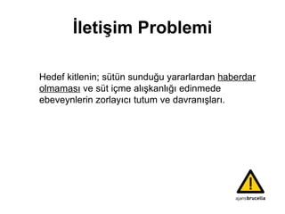 İletişim Problemi Hedef kitlenin; sütün sunduğu yararlardan  haberdar olmaması  ve süt içme alışkanlığı edinmede ebeveynlerin zorlayıcı tutum ve davranışları. 