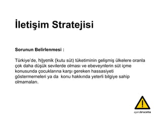 İletişim Stratejisi Sorunun Belirlenmesi : Türkiye’de ,  hijyenik ( kutu s ü t) tüketiminin   gelişmiş ülkelere oranla çok daha düşük sevilerde  olması  ve ebeveynlerin süt içme konusunda çocuklarına karşı gereken hassasiyeti göstermemeleri ya da  konu hakkında yeterli bilgiye sahip olmamaları.  