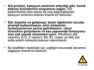 Süt proteini, kalsiyum emilimini arttırdığı gibi, kemik dokusu hücrelerinin oluşumunu sağlar.  Süt karbonhidratı olan laktoz da ince bağırsaklardan kalsiyum emilimini arttıran önemli bir faktördür.  Süt, büyüme ve gelişmeyi, besin öğelerinin vücutta elverişli kullanılmasını, sinir sisteminin fonksiyonlarının yerine getirilmesini, vücut direncinin gelişmesini ve kan yapımında fonksiyonu olan çok sayıda vitaminleri içerir.  Riboflavin (B2 vitamini), B12, A vitamini, B6, B1, niasin ve folik asit sütte yeterli miktarda bulanan vitaminlerdir.  Bu özellikleri nedeniyle süt, sağlığın korunarak devamını sağlayan önemli bir besindir.  