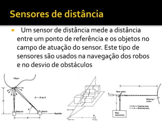 Sensores de distância   Um sensor de distância mede a distância entre um ponto de referência e os objetos no campo de atuação do sensor. Este tipo de sensores são usados na navegação dos robos e no desvio de obstáculos