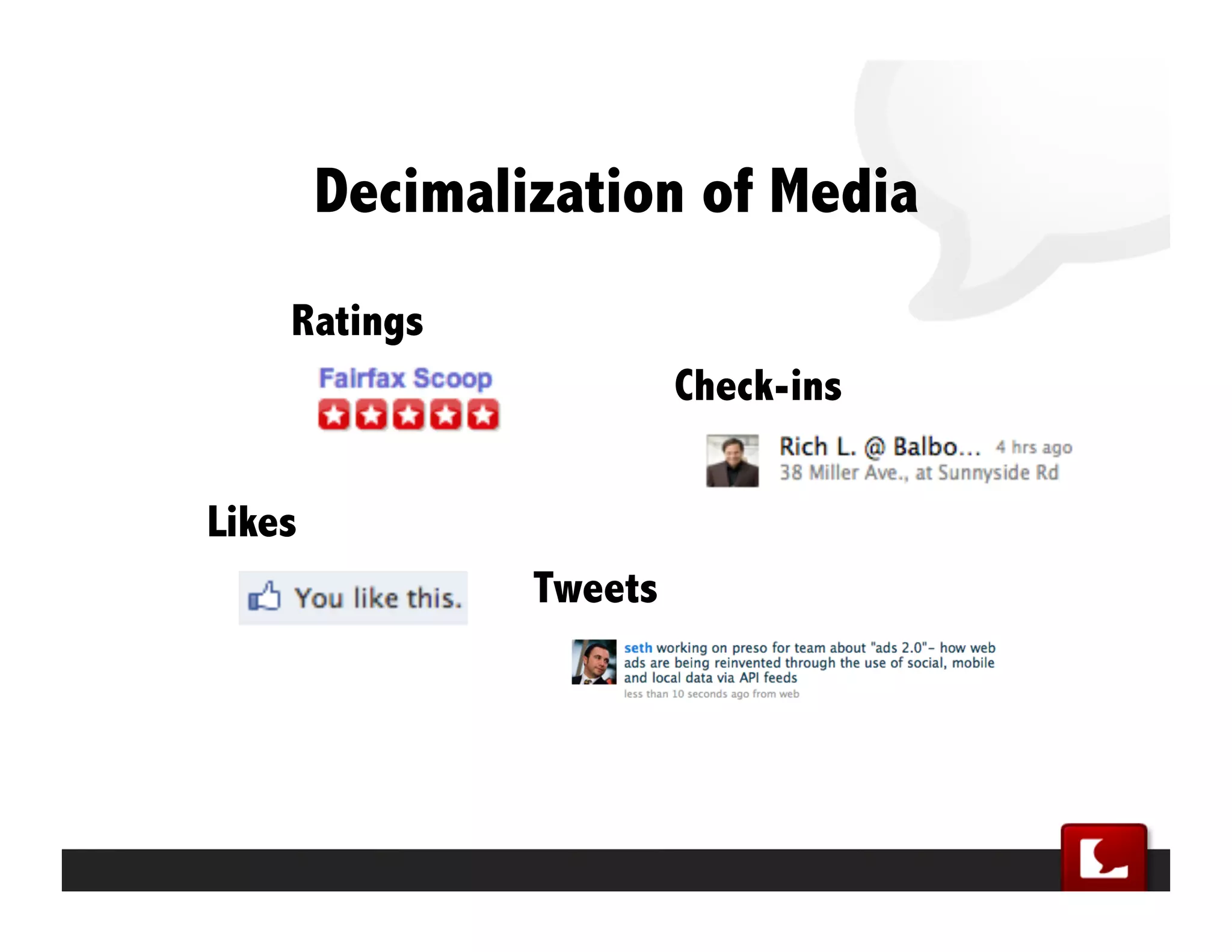 Decimalization of Ads

•Who (identity)

•What (status)

•Where (geo)

•With Whom (social)


                      SocialMedia.com Confidential
 