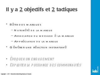 Il y a  2  objectifs et  2  tactiques Bâtir des marques Notoriété de la marque Association du message à la marque Appréciation de la marque Générer une réaction instantané Évoquer un engagement Exploiter la puissance des communautés 