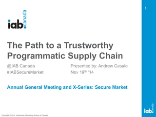 Copyright © 2014 Interactive Advertising Bureau of Canada 
1 
The Path to a Trustworthy 
Programmatic Supply Chain 
@IAB Canada 
#IABSecureMarket 
X-Series: Secure Market 
Presented by: Andrew Casale 
Nov 19th ‘14 
 